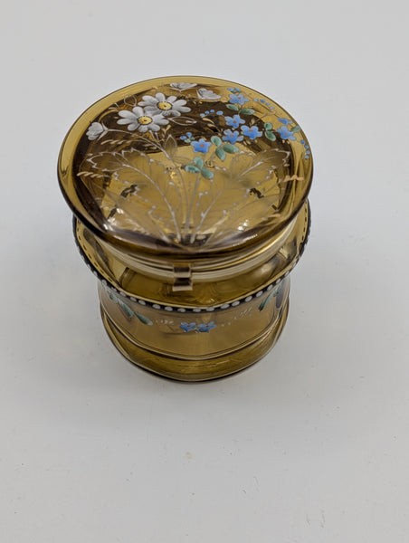 Bohemian Art Glass Dressing Table or Jewelry Box. Amber Glass Enamel Flowers