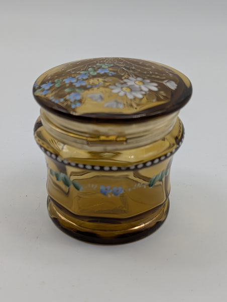 Bohemian Art Glass Dressing Table or Jewelry Box. Amber Glass Enamel Flowers