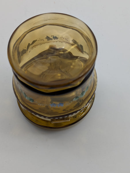 Bohemian Art Glass Dressing Table or Jewelry Box. Amber Glass Enamel Flowers