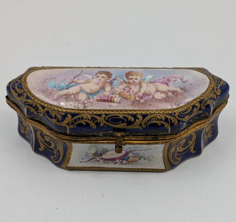 Dressing Table or Jewelry Box. French Sevres Porcelain. Cherubs. Signed Painay