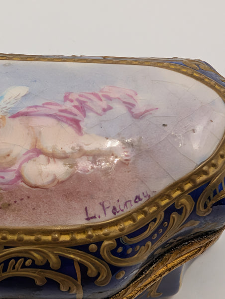 Dressing Table or Jewelry Box. French Sevres Porcelain. Cherubs. Signed Painay