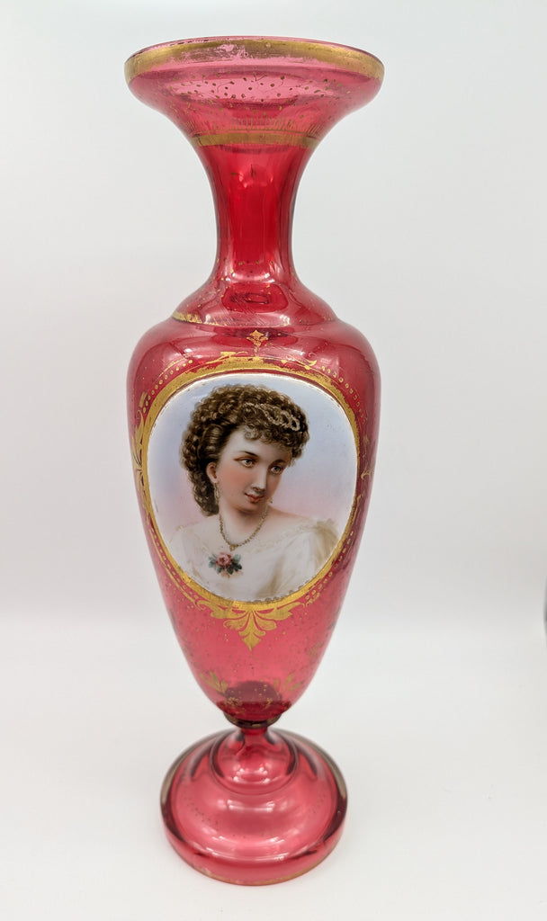 Bohemian Art Glass Vase. Cranberry with Portrait and Gilding. 19th C. 14" H