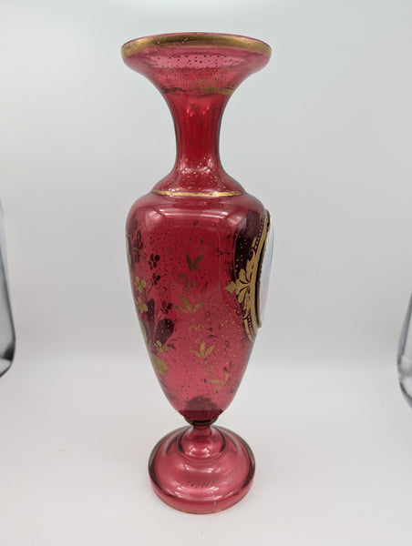 Bohemian Art Glass Vase. Cranberry with Portrait and Gilding. 19th C. 14" H