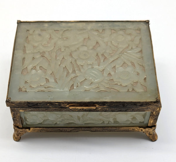 Chinese Serpentine Jade Box. Pierced Flowers and Leaves. Circa 1920.