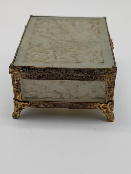 Chinese Serpentine Jade Box. Pierced Flowers and Leaves. Circa 1920.