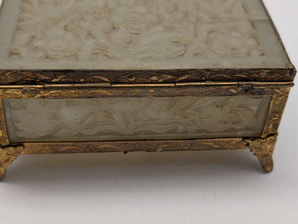 Chinese Serpentine Jade Box. Pierced Flowers and Leaves. Circa 1920.