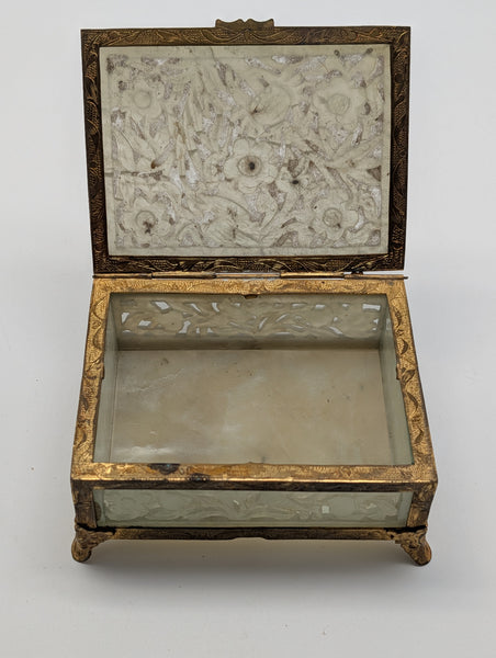 Chinese Serpentine Jade Box. Pierced Flowers and Leaves. Circa 1920.