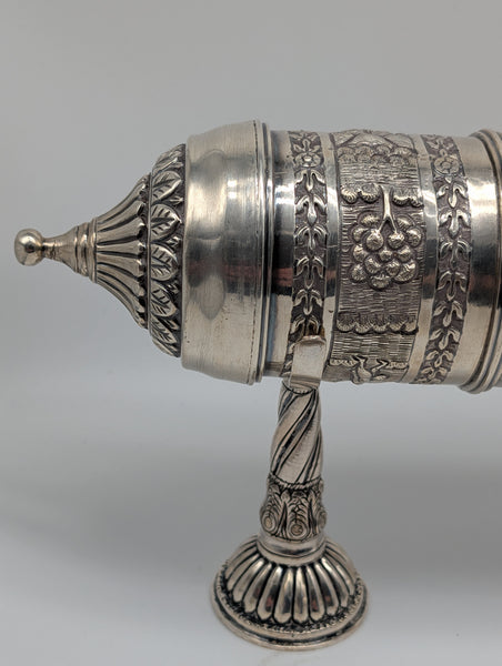 Cylinder Document Box Large Scroll Holder on Stands. India 925 Silver. 17 1/2"
