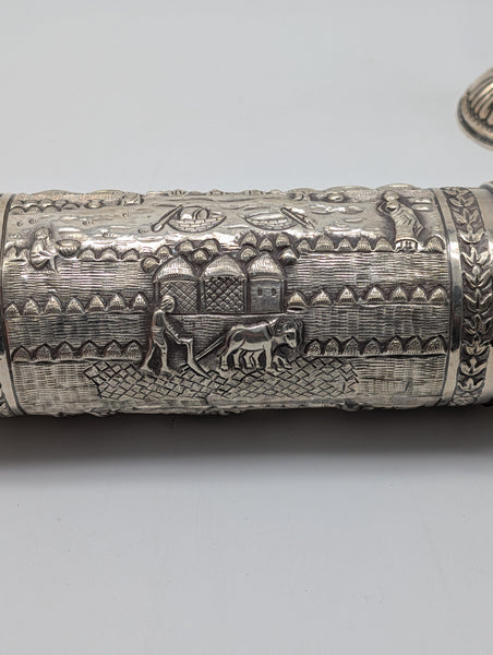 Cylinder Document Box Large Scroll Holder on Stands. India 925 Silver. 17 1/2"