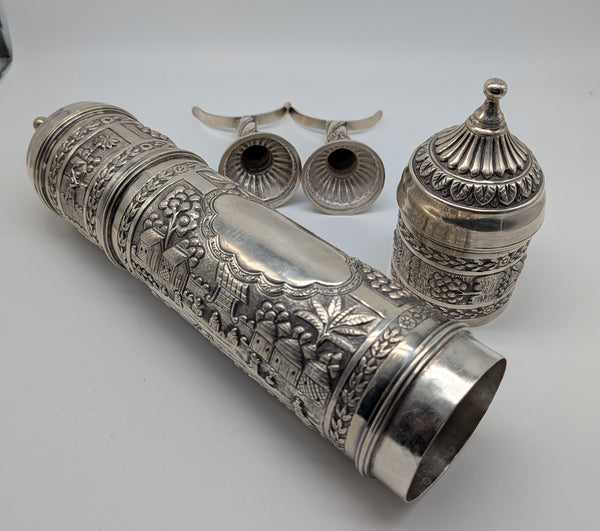 Cylinder Document Box Large Scroll Holder on Stands. India 925 Silver. 17 1/2"
