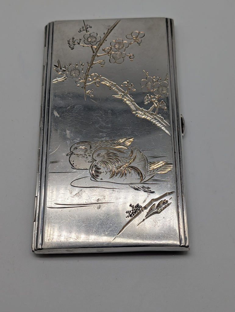 Cigarette Case. Japanese .960 Silver. K. Uyeda. Mandarin Ducks Cherry Blossoms