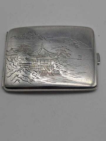 Vintage Japanese .950 Silver Cigarette Case. Pagoda Mountains. YUBI.