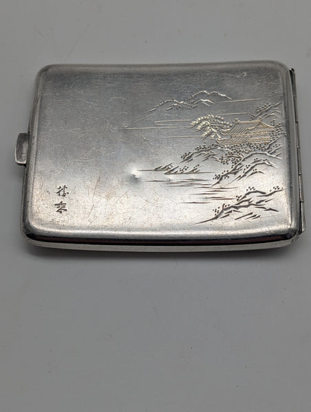 Vintage Japanese .950 Silver Cigarette Case. Pagoda Mountains. YUBI.