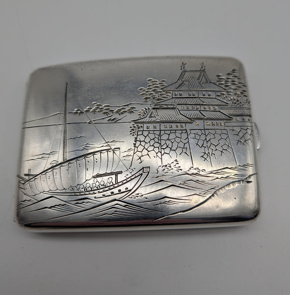 Cigarette Case. Japanese 950 Silver. Palace on Cliff with Boat in Water