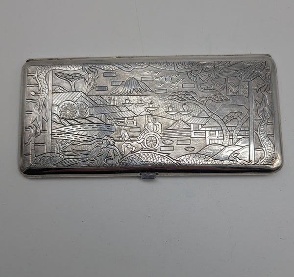 Large Cigarette Card Case. Japanese Silver. Pagoda, Trees, Dragon, Mt. Fuji.