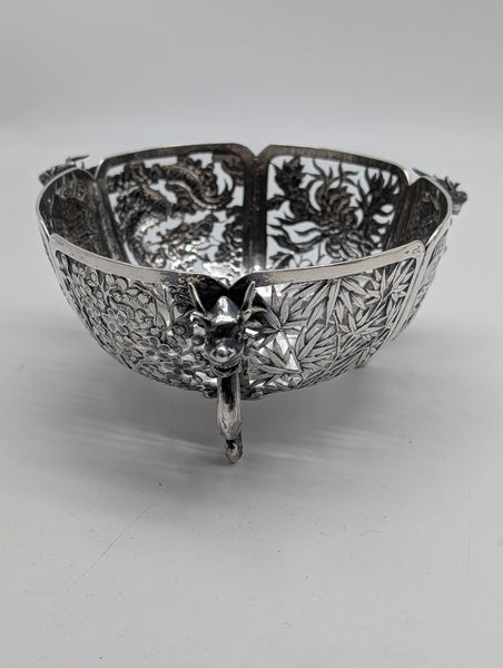 Chinese Export Silver Pierced Dragon Bowl. WC Maker Mark. Circa 1890