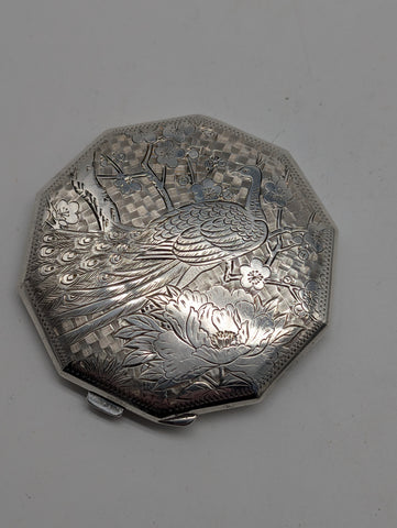 Art Deco Compact. Sterling Silver. Japanese Peacock, Mums, Cherry Blossom.