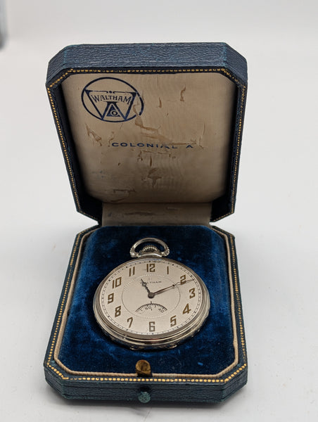 Waltham Open Face Pocket Watch. 14K White Gold Case. Secometer. 17 Jewel Size 12