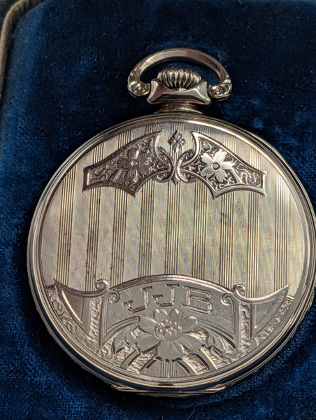 Waltham Open Face Pocket Watch. 14K White Gold Case. Secometer. 17 Jewel Size 12