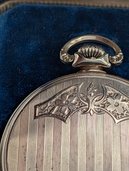 Waltham Open Face Pocket Watch. 14K White Gold Case. Secometer. 17 Jewel Size 12