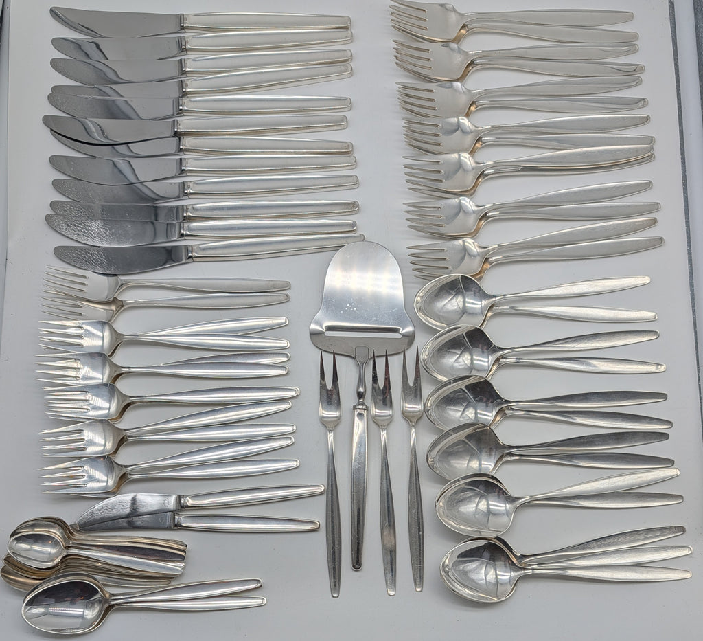 Georg Jensen Denmark Sterling Silver Cypress Pattern. Mid Century. 75 pieces.