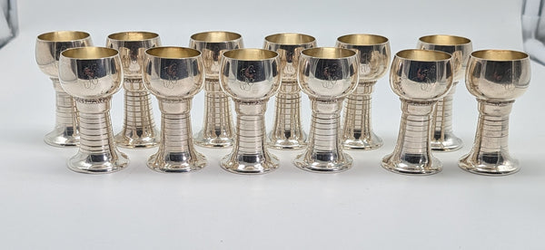 Set of 12 Cordial Shot Glasses. American Lunt Sterling Silver. #1114. 2 3/4" H