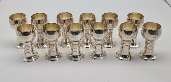 Set of 12 Cordial Shot Glasses. American Lunt Sterling Silver. #1114. 2 3/4" H