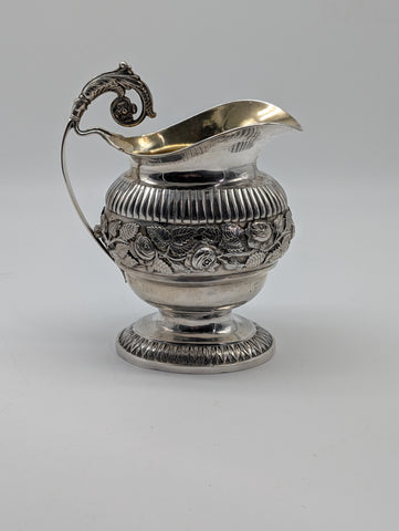Large Creamer. Danish .826 Silver Copenhagen. Repousse Rose Floral. 19th C. 6" H