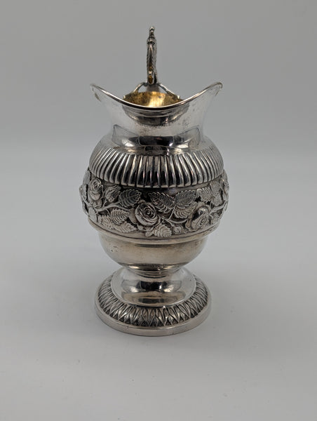Large Creamer. Danish .826 Silver Copenhagen. Repousse Rose Floral. 19th C. 6" H