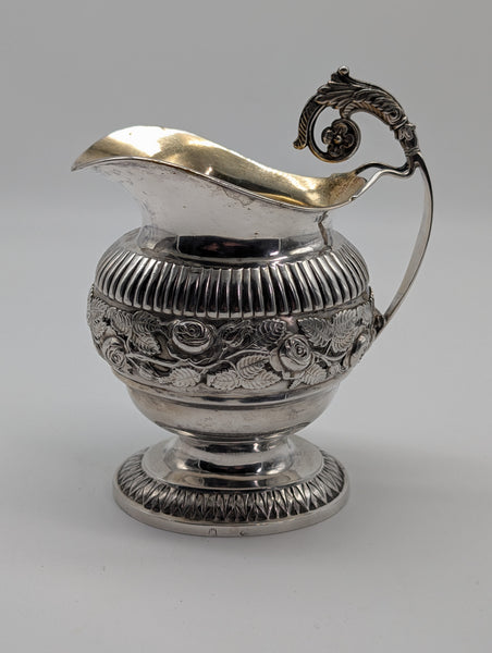 Large Creamer. Danish .826 Silver Copenhagen. Repousse Rose Floral. 19th C. 6" H