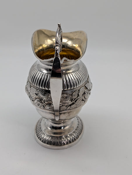 Large Creamer. Danish .826 Silver Copenhagen. Repousse Rose Floral. 19th C. 6" H