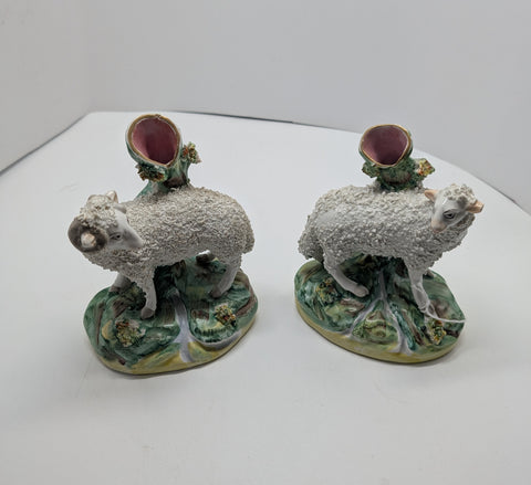 Pair of Staffordshire Sheep Vases. Circa 1850. 4 3/4"