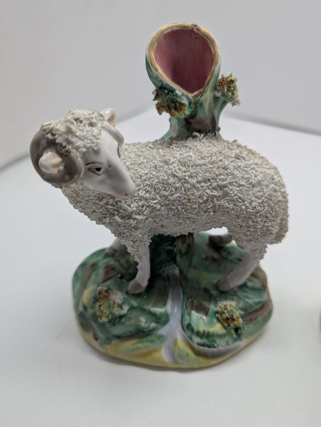 Pair of Staffordshire Sheep Vases. Circa 1850. 4 3/4"