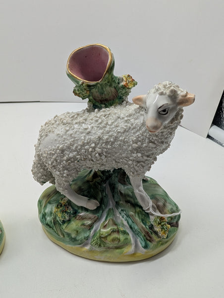 Pair of Staffordshire Sheep Vases. Circa 1850. 4 3/4"