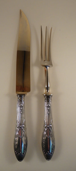 Two Piece Carving Set. Russian 875 Silver Handles. Wreath and Bow Motif. 1909