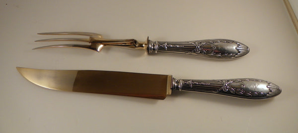 Two Piece Carving Set. Russian 875 Silver Handles. Wreath and Bow Motif. 1909