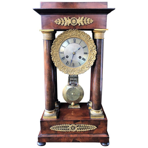 Antique French Empire Portico Clock circa 1820, Charles X, Mahogany and Bronze