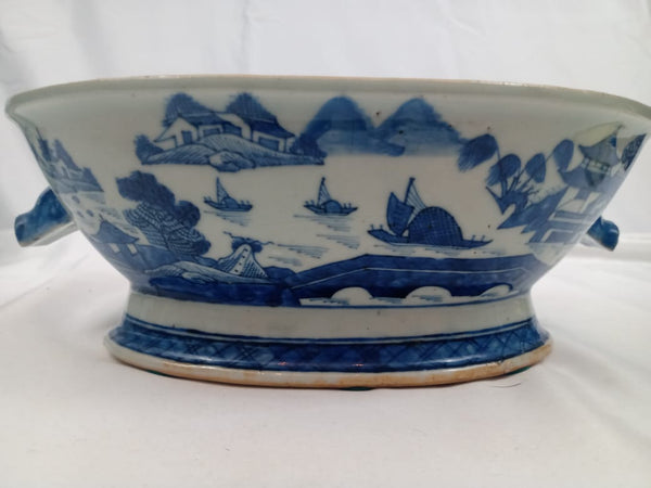 19th Century Chinese Canton Porcelain Oval Bowl with Pig Handles.