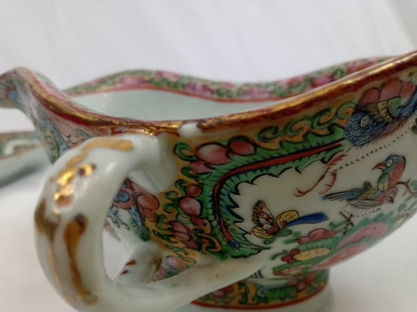 19th Century Chinese Rose Canton Double sided Gravy Boat with Underplate.