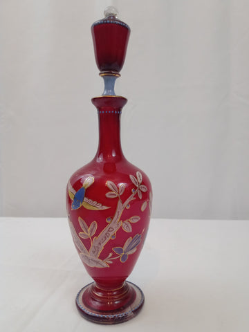 18th Century Art Glass Perfume Bottle with Stopper with Bird and Flower Motif.