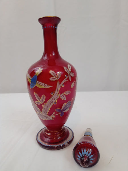 19th Century Art Glass Perfume Bottle with Stopper with Bird and Flower Motif.