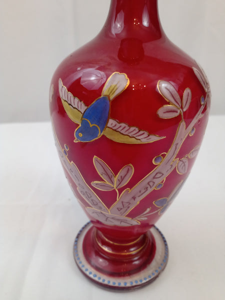 19th Century Art Glass Perfume Bottle with Stopper with Bird and Flower Motif.