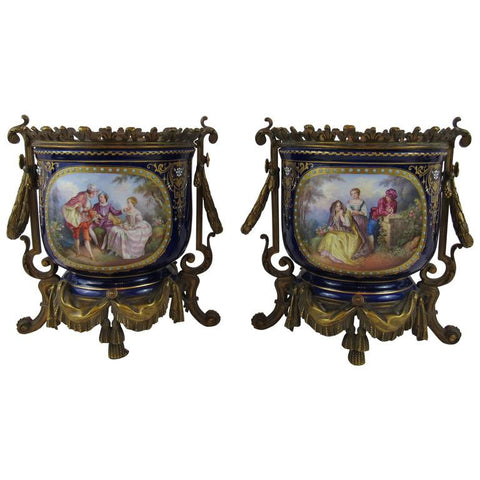 Pair of Enamel on Copper Jardinieres in Bronze Doré, European 19th Century