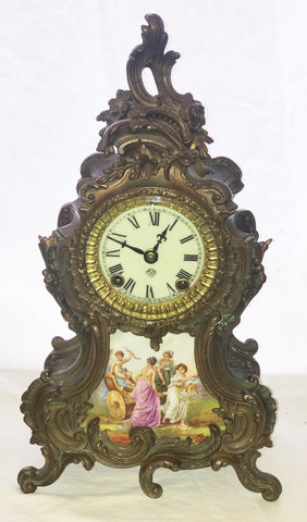 French Mantle Clock. Ansonia Clock Co. Limoges Porcelain Plaque. 14 1/2" height