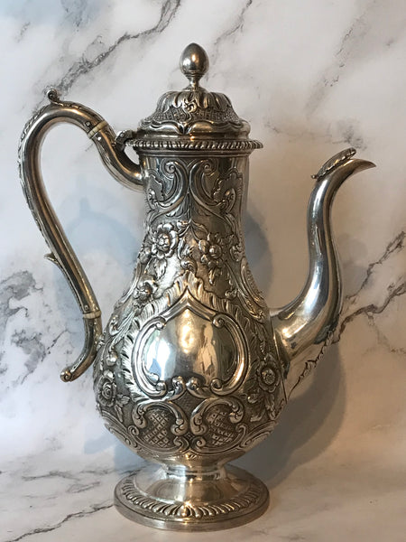 Scottish George III Sterling Silver Coffee Pot. Repousse. Late 18th Century. 12"