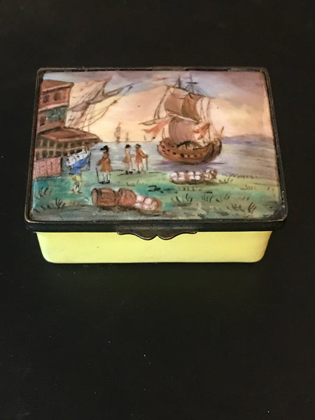 Battersea Enamel Box 18th Century. Ship Scene.