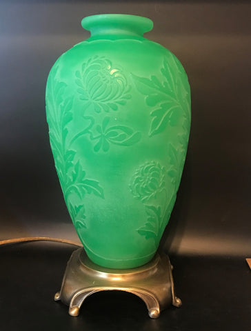 Steuben Acid Etched Green Glass Vase Mounted as Lamp. 14" H