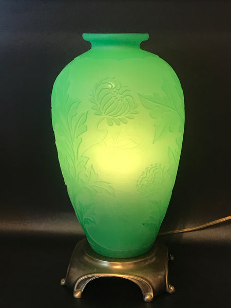 Steuben Acid Etched Green Glass Vase Mounted as Lamp. 14" H