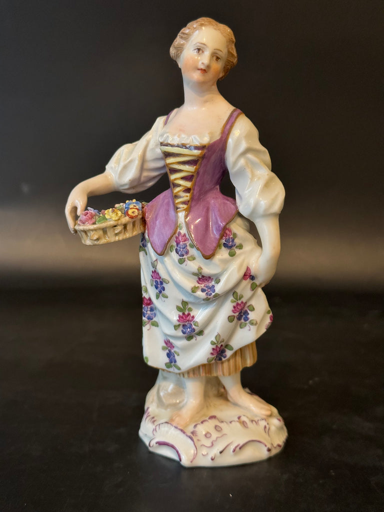 German Meissen Porcelain Figurine of Lady with Basket of Flowers. 5 1/4