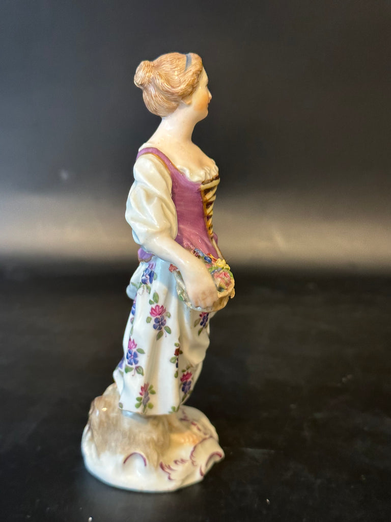 German Meissen Porcelain Figurine of Lady with Basket of Flowers